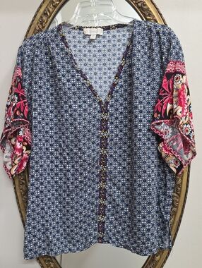 Weekend By Susan Betro Boho Mixed-Print V-Neck Women’s Top Navy Pink Red Sz 2X